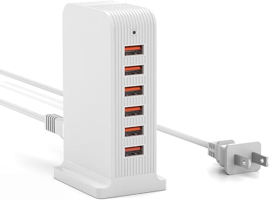 USB Charging Station - Multiport USB Charger Hub,6 Port Charger Tower for iPhone 15/14/13/12, iPad, Samsung Galaxy, Google Pixel,HTC, and Multiple Devices (white-50W)