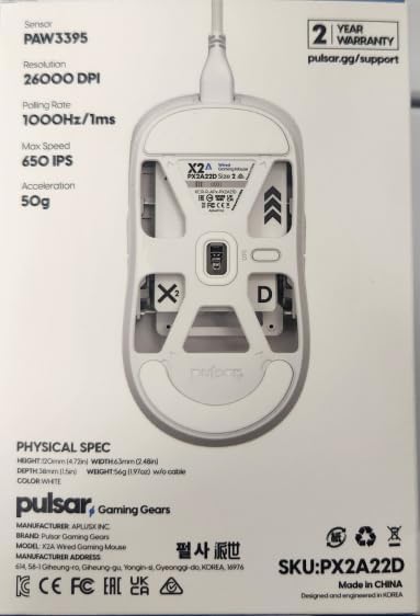 Pulsar Gaming Gears X2A Wired Gaming Mouse, Ultra Lightweight, Optical Switch, 26000 DPI, Motion Sync, PAW3395 Sensor (Medium, Wired, White)