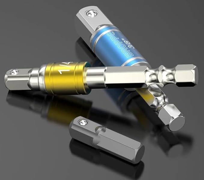 Impact Socket Adapter Set with 3 joint sockets (1/4", 3/8", 1/2") that transforms your power drill into a high-speed nut driver. Includes drill adapter and extension set for versatile use