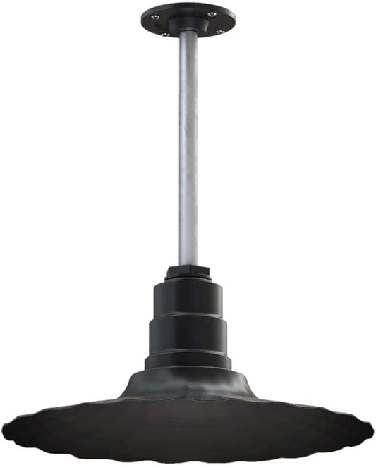 Steel Lighting Co. Eagle Rock Pendant | Ceiling Mounted Light | 16 inch Radial Wave | 12 inch Stem | Heavy Duty Steel Retro Farmhouse Style Made in America | Matte Black Exterior/Matte Black Interior
