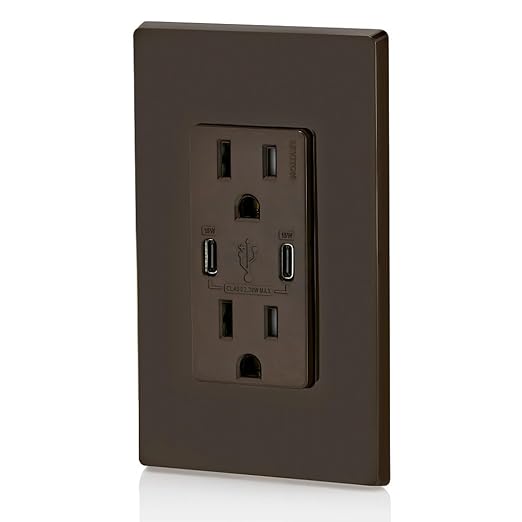 Leviton T5637-B 30W (6A) USB Dual Type-C/C in-Wall Charger with 15A Tamper-Resistant Outlet, USB Charger for Smartphones and Tablets, Not for Laptops, Brown