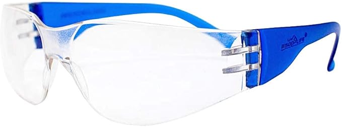 BISON LIFE Protective Safety Glasses - Clear Polycarbonate Impact and Ballistic Resistant Lens, BLUE Temple (Case of 12 Boxes, 144 PAIRS)