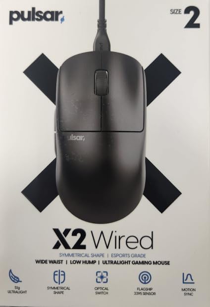 Pulsar Gaming Gears X2 Wired Gaming Mouse, Ultra Lightweight, Optical Switch, 26000 DPI, Motion Sync, PAW3395 Sensor (Medium, Wired, Black)