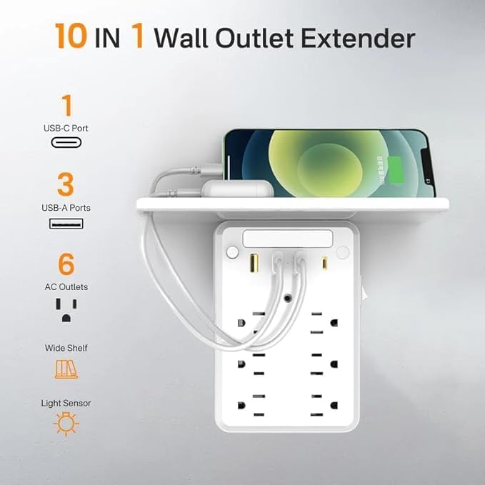 Multi-Plug Outlet with Night Light,6 Outlet Extender with 3 USB Ports,USB Wall Charger for Home, Office, Travel (with Tray)