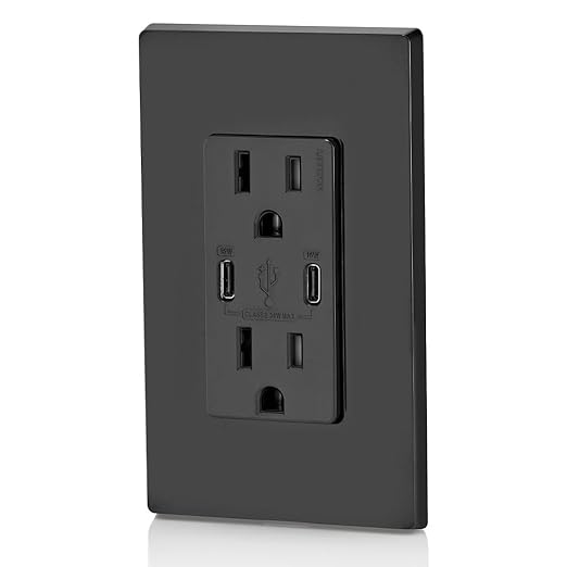 Leviton T5637-E 30W (6A) USB Dual Type-C/C in-Wall Charger with 15A Tamper-Resistant Outlet, USB Charger for Smartphones and Tablets, Not for Laptops, Black