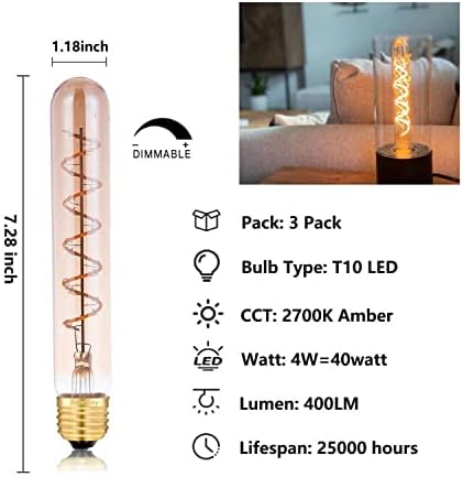 Dimmable 4W Tube LED Eison Bulb, T10 Vintage Long LED Bulb 40 Watt Equivalent Warm White 2700K, E26 Medium Base Amber Colored 7.3 Inch Long tubular edison bulb, 3 Pack