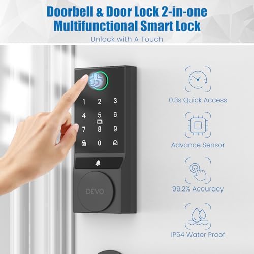 Devo G2 Smart Lock,Finger Print Digtal Smart Locks, Front Door Keyless Entry Door Lock,Bluetooth Smart Deadbolt, App Remote Control,Electronic Touchscreen Keypad Deadbolt, Auto Lock(Black)