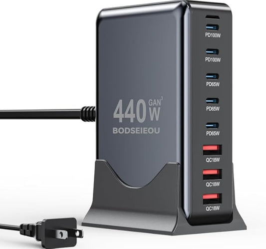 USB C Charger Block 440W Charging Station Hub,8 Port GaN III Fast Charging Brick with 5ft Extension Cord,PD QC PPS 100W Laptop Power Adapter for MacBook Pro/Air,iPhone 16/15,Samsung Galaxy,Dell etc