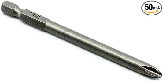 Benchmark Abrasives 1/4 Inch Hex Anti Slip Phillips Insert Screw Head Screwdriver Bits, Rotary Drill Bits for Repairing Electronics, Automotive Parts, Furniture (50 Pack) - (PH2 x 3-1/2")