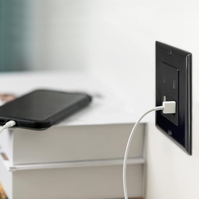 Maxxima USB Receptacle Outlet - 4.8A USB C/A High Speed 4 USB Wall Charging Ports, Vertical Multi-Plug Socket, Electrical AC Replacement, Outlet Wall Plate Included - Black