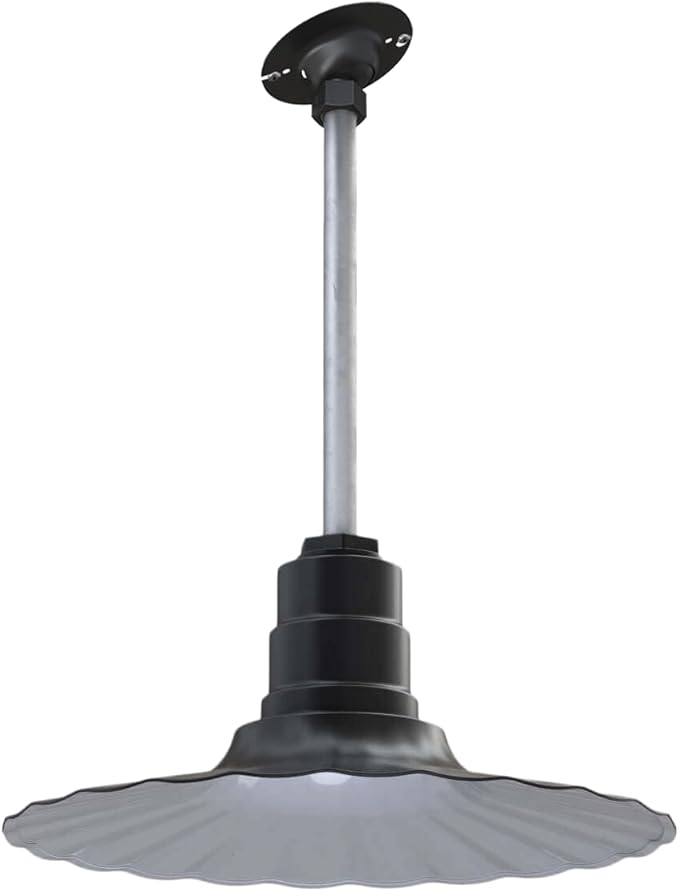 Steel Lighting Co. Eagle Rock Pendant | Ceiling Mounted Light | 16 inch Radial Wave | 12 inch Sloped Stem | Heavy Duty Steel Retro Farmhouse Style Made in America | Matte Black Exterior/White Interior