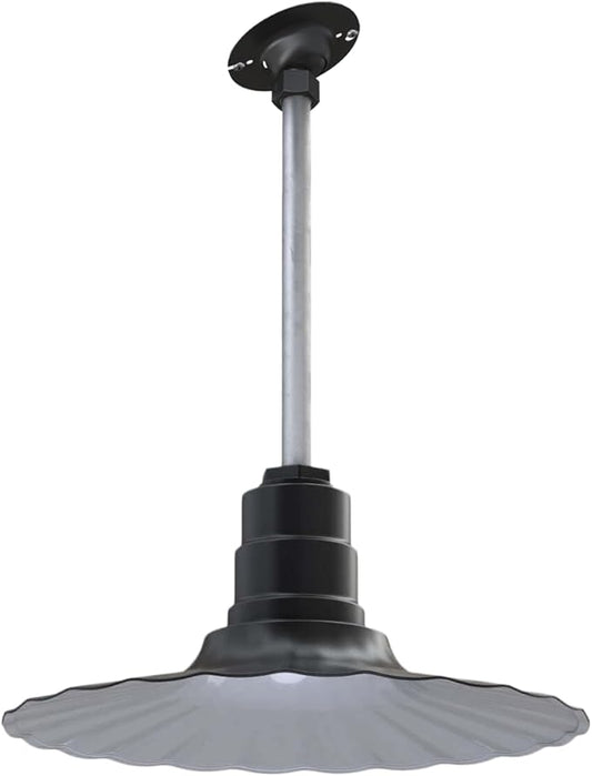 Steel Lighting Co. Eagle Rock Pendant | Ceiling Mounted Light | 16 inch Radial Wave | 12 inch Sloped Stem | Heavy Duty Steel Retro Farmhouse Style Made in America | Matte Black Exterior/White Interior