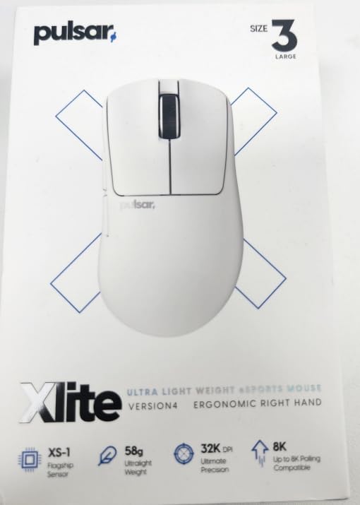 Pulsar Gaming Gears Xlite v4 Wireless Gaming Mouse, Ultra Lightweight 2.04 oz (58g), Ergonomic, Optical Switch, 32000 DPI, 750 IPS, XS-1 Sensor, 8k Compatible (Large, White)