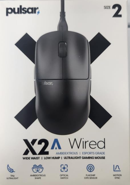 Pulsar Gaming Gears X2A Wired Gaming Mouse, Ultra Lightweight, Optical Switch, 26000 DPI, Motion Sync, PAW3395 Sensor (Medium, Wired, Black)