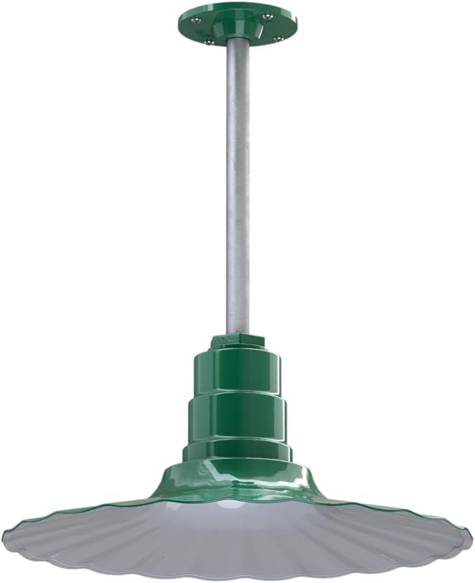 Steel Lighting Co. Eagle Rock Pendant | Ceiling Mounted Light | 16 inch Radial Wave | 12 inch Stem | Heavy Duty Steel Retro Farmhouse Style Made in America | Green Exterior/White Interior