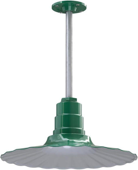Steel Lighting Co. Eagle Rock Pendant | Ceiling Mounted Light | 16 inch Radial Wave | 12 inch Stem | Heavy Duty Steel Retro Farmhouse Style Made in America | Green Exterior/White Interior
