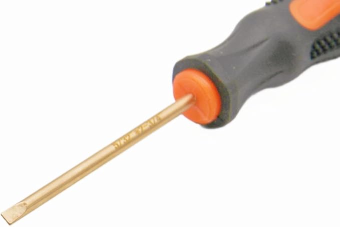 Non-Sparking 5/32 Inch (4mm) Flat Screwdriver flat head, Beryllium Bronze Non Spark, 3 Inch (75mm) Working Length, 6-1/4 inch Total Length, Spark Free Safety, non-magnetic, corrosion-resistant