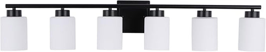 6 Light Bathroom Light Fixtures, 40 Inches Vanity Lights for Mirror, Black Vanity Lighting Fixtures with Milky White Glass Shades