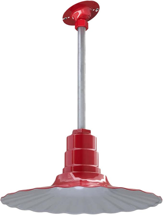 Steel Lighting Co. Eagle Rock Pendant | Ceiling Mounted Light | 16 inch Radial Wave | 12 inch Sloped Stem | Heavy Duty Steel Retro Farmhouse Style Made in America | Red Exterior/White Interior