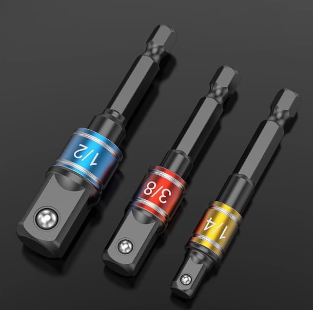 Impact Socket Adapter Set with 3 joint sockets (1/4", 3/8", 1/2") that transforms your power drill into a high-speed nut driver. Includes drill adapter and extension set for versatile use