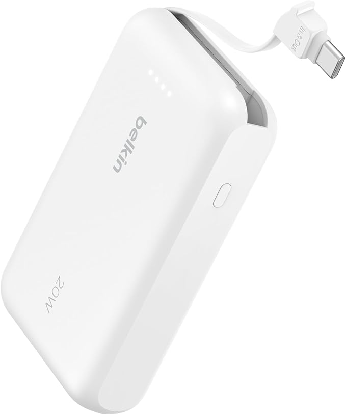 Belkin Portable Charger, Power Bank with Integrated Cable 10000 mAh 20W - Fast Charge USB C Power Delivery, iPhone Charger - iPhone 16 Series, iPad Pro, Galaxy S25, & More - White