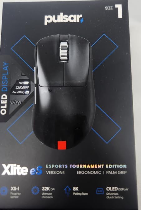Pulsar Gaming Gears Xlite v4 eS Wireless Gaming Mouse Ergonomic, Optical Switch, 32000 DPI, 750 IPS, XS-1 Sensor, OLED Display, Driverless, 8k Dongle Included (Mini, Black)