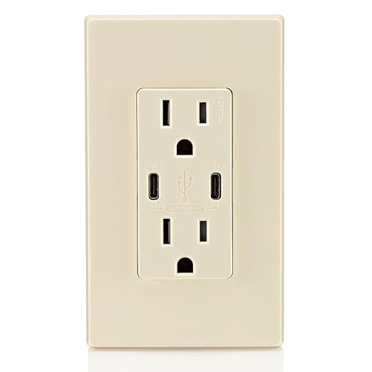 Leviton T5637-T 30W (6A) USB Dual Type-C/C in-Wall Charger with 15A Tamper-Resistant Outlet, USB Charger for Smartphones and Tablets, Not for Laptops, Light Almond