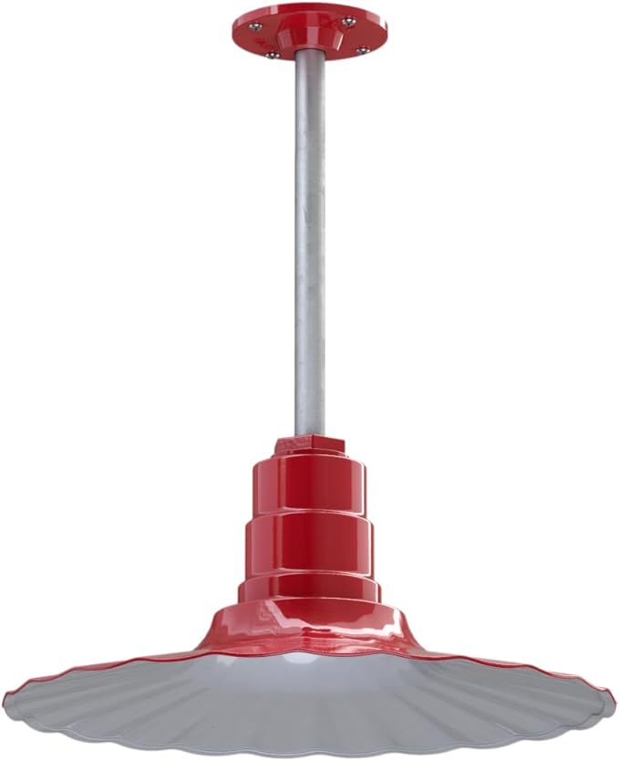 Steel Lighting Co. Eagle Rock Pendant | Ceiling Mounted Light | 16 inch Radial Wave | 12 inch Stem | Heavy Duty Steel Retro Farmhouse Style Made in America | Red Exterior/White Interior