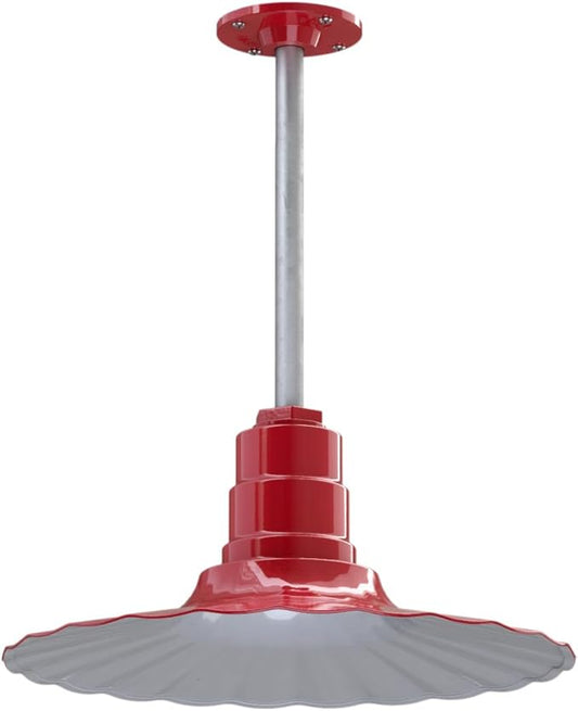 Steel Lighting Co. Eagle Rock Pendant | Ceiling Mounted Light | 16 inch Radial Wave | 12 inch Stem | Heavy Duty Steel Retro Farmhouse Style Made in America | Red Exterior/White Interior