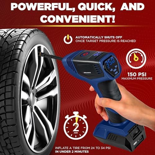 Bullseye Pro Tire Inflator Portable Air Compressor, Car Tire Inflator Portable, Portable Air Pump for Car Tires - 150PSI, 12V DC 1500 mAhs with Tire Pressure Gauge, Rechargeable As Seen On TV(Blue)