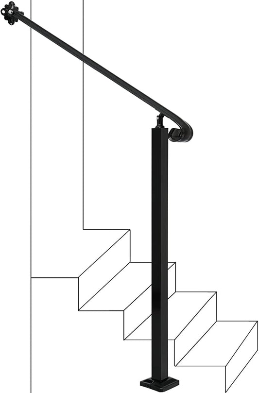 Adjustable Handrail 1-3 Step, Wall&Floor Mounted Wrought Iron Handrails, Handrails for Outdoor Steps, Stair Rail with Installation Kit Hand Rail, Black