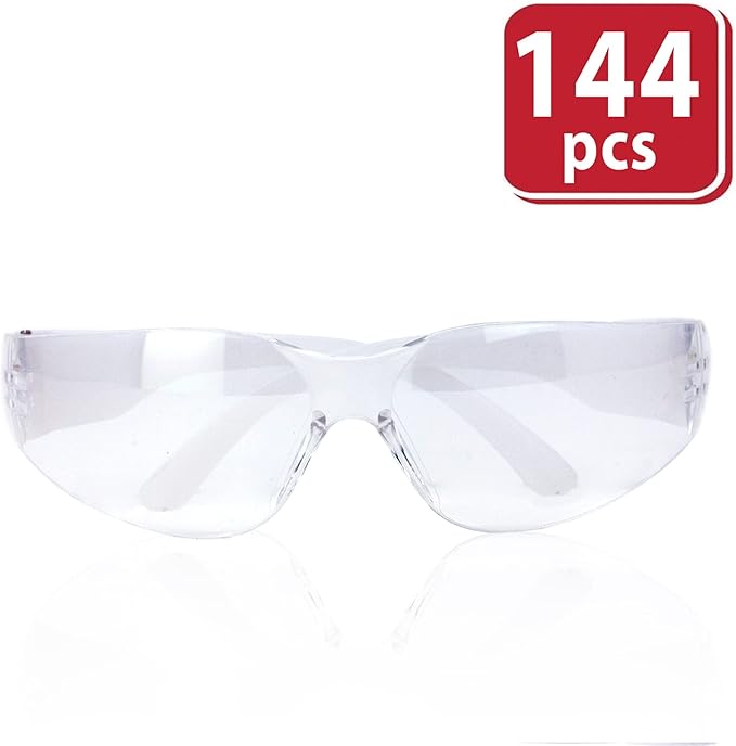 BISON LIFE Clear Lens Clear Temple Safety Glasses | One Size, Adult, Youth, Clear Protective Polycarbonate Lens Clear Temple, Clear, 144 PAIRS