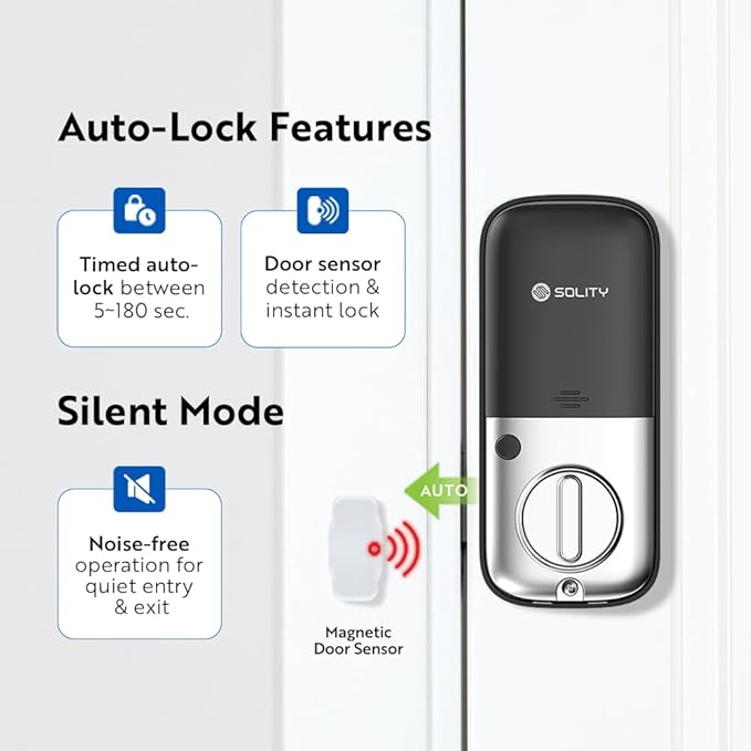 Solity No-Hub Smart Digital Door Lock, Designed in Korea, Keyless Entry, Wi-Fi, Remote Control, Touchscreen Keypad, Auto Lock, IP54 Waterproof GT10K Keypad (Satin Nickel)