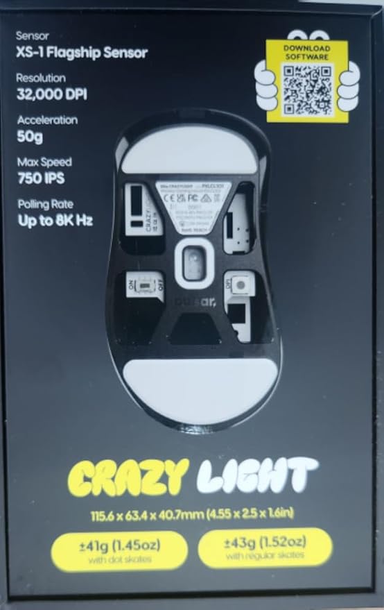 Pulsar Gaming Gears X2 Crazylight Wireless Gaming Mouse, Ultra Lightweight 1.23 oz (35g), Optical Switch, 32000 DPI, 750 IPS, XS-1 Sensor, 8k Compatible (Volt Shadow)