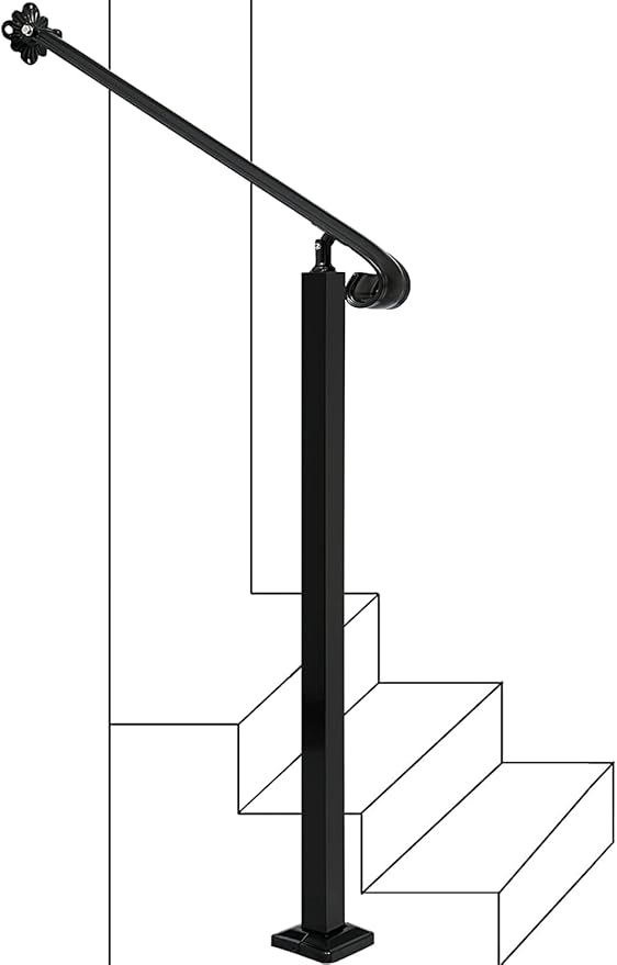 Adjustable Handrail 1-2 Step, Wall&Floor Mounted Wrought Iron Handrails, Handrails for Outdoor Steps, Stair Rail with Installation Kit Hand Rail, Black