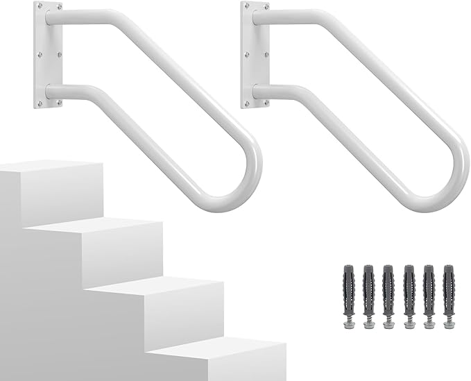 Hand Rails for Outdoor 1-2 Steps, Indoor Stairs, Bathroom, Wall Mount Non-Slip U-Shape Stair Hand Railing White 2 Pack