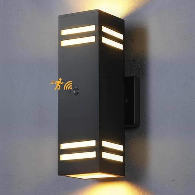 SHIMR Motion Sensor Outdoor Wall Light, Dusk to Dawn Outdoor Lighting with LED Bulbs Included, Waterproof Anti-Rust Aluminum 3 Lighting Modes Exterior Light Fixture for House Porch Garage, ETL Listed