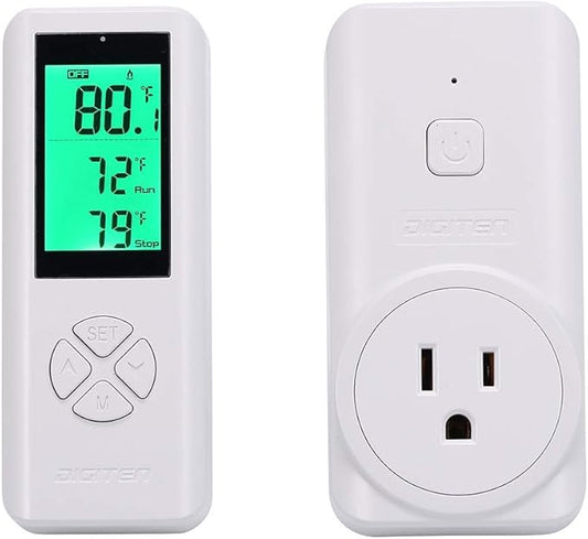 DIGITEN WTC100 Wireless Thermostat Outlet Digital Temperature Controller Plug-in Thermostat Cooling&Heating Remote Control Build-in Temp Sensor Greenhouse Thermostat Reptile Temperature Controller