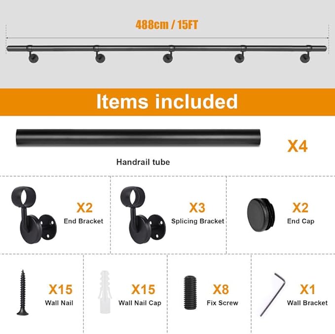 15Ft Industrial Metal Stairs Handrail Kit, Sturdy Wall Mount Aluminum Hand Rail, Indoor Outdoor Stair Railing Wood Concrete Brick Wall,1.5 in Round Pipe Grab Bar, Matte Black-15FT