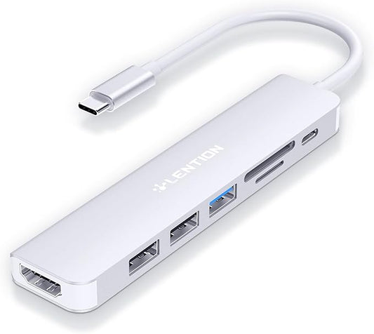 LENTION USB C Hub with 100W Charging, 4K HDMI, Dual Card Reader, USB 3.0 & 2.0 Compatible MacBook Pro, New Mac Air/Surface, Chromebook, More, Stable Driver Adapter (CB-CE18, Silver)
