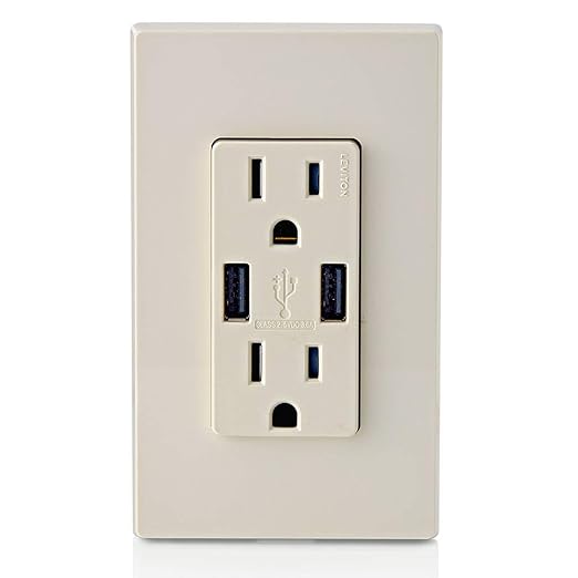 Leviton T5632-T Type-A USB in-Wall Charger with 15A Tamper-Resistant Outlet, USB Charger for Smartphones, Light Almond