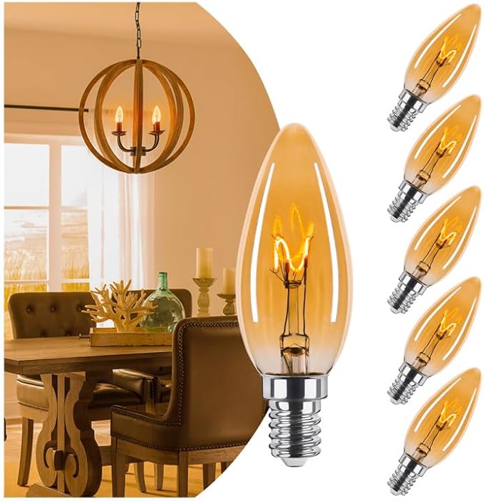 25 Watt Candelabra Bulbs, Dimmable E12 Chandelier Bulb, Ultra-Fine Filament Candelabra LED Bulbs 2W Equal 25W Vintage Amber Light Bulbs 2000K Soft Warm, 6 Pack