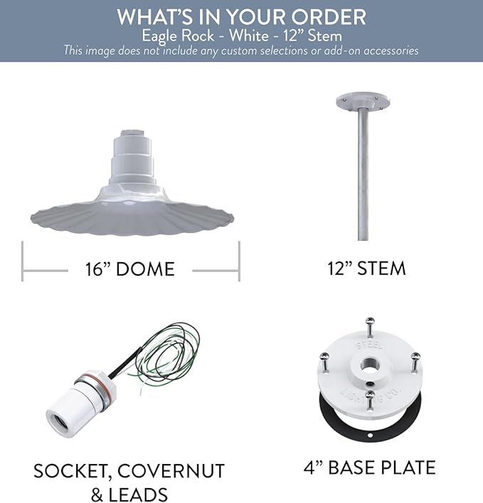 Steel Lighting Co. Eagle Rock Pendant | Ceiling Mounted Light | 16 inch Radial Wave | 12 inch Stem | Heavy Duty Steel Retro Farmhouse Style Made in America | White Exterior/White Interior