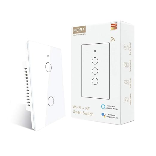 MOES 2.4GHz WiFi Wall Touch Smart Switch Neutral Wire Required, 3 Way Multi-Control, Glass Panel Light Switch Work with Smart Life/Tuya App, RF433 Remote Control, Alexa and Google Home White 2 Gang