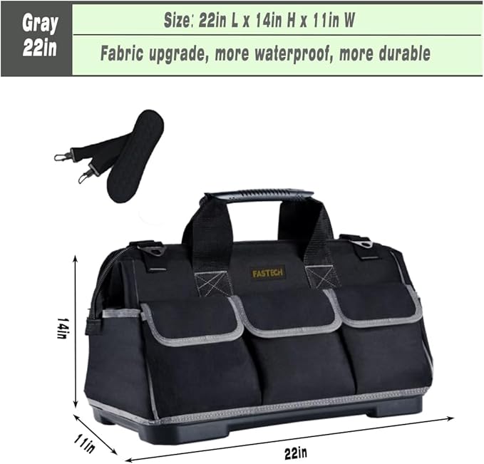 22-inch Wide Mouth Tool Bag with Water Proof Molded Base, Waterproof Tool Organizer Bag for Men with Adjustable Shoulder Strap (22INCH)
