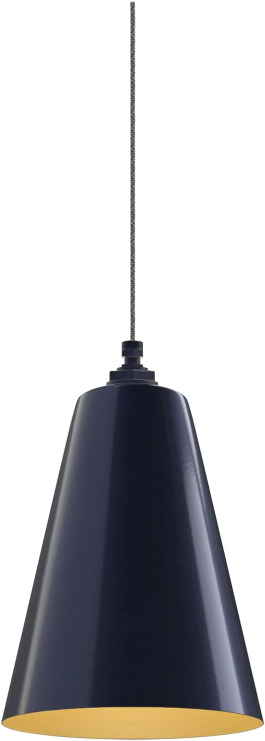 Steel Lighting Co. Laurel Pendant Light | Ceiling Mounted | 8.5 inch Cone Shade | Modern Contemporary Farmhouse Style Made in America | Gray Tweed Cloth Cord | Navy Blue Exterior/Brass Interior