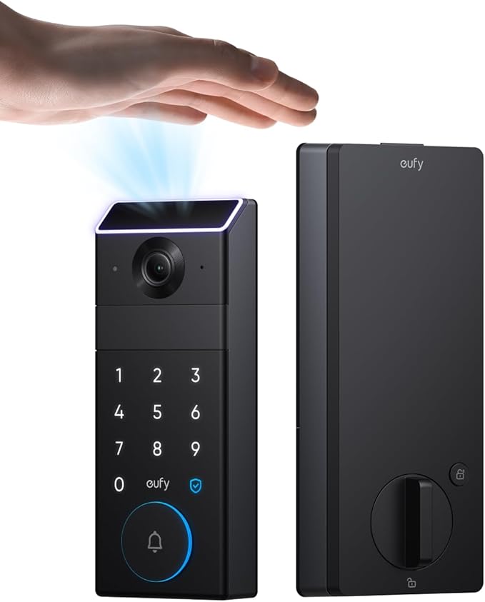 eufy FamiLock S3 Smart Lock With Palm Vein Recognition - Keyless Entry Door Lock for Front Door, 3-in-1 Wi-Fi Keypad Deadbolt+ 2K HDR Camera+ Doorbell, ANSI/BHMA Grade 1, Motion Sensor, No Monthly Fee