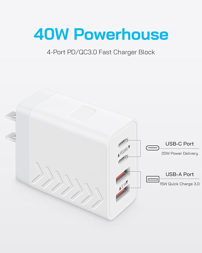 40W USB C Charger Block | 4-Port Fast Charging Blocks (2 USB-C + 2 USB-A) | PD3.0/QC3.0 Compact Wall Charger for i Phone 16/15/14/13/12/11/X/8, Galaxy S25/S24/S23/S22, i Pad, Air Pods & More (2-Pack)