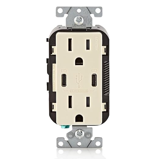 Leviton T5637-T 30W (6A) USB Dual Type-C/C in-Wall Charger with 15A Tamper-Resistant Outlet, USB Charger for Smartphones and Tablets, Not for Laptops, Light Almond