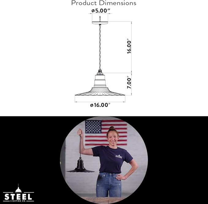 Steel Lighting Co. Eagle Rock Pendant | Ceiling Mounted Light | 16 inch Radial Wave | Black Cord | Heavy Duty Steel Retro Farmhouse Style Made in America | Green Exterior/White Interior